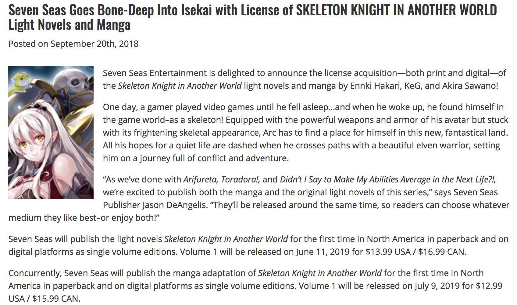 Seven Seas Entertainment on X: SKELETON KNIGHT IN ANOTHER WORLD (LIGHT  NOVEL) Vol. 9, Ennki Hakari and KeG