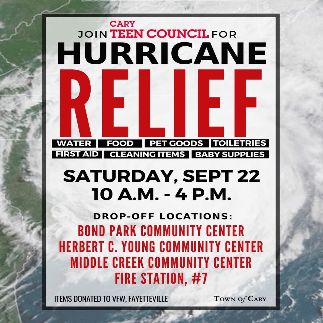 Cary Teen Council and <a href="/TownofCary/">TownofCary</a> are hosting a donation drive this Saturday at 4 locations!  Help spread the word - all donations will go to the VFW Post 6018 in Fayetteville. bit.ly/2NXr8R7
