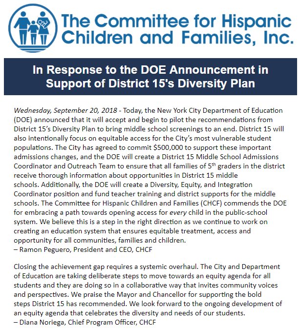 CHCF_Inc's tweet image. CHCF commends @NYCMayor and @DOEChancellor for supporting recommendations from district 15’s Diversity Plan. #schoolintegration #equitynyc #equityforall