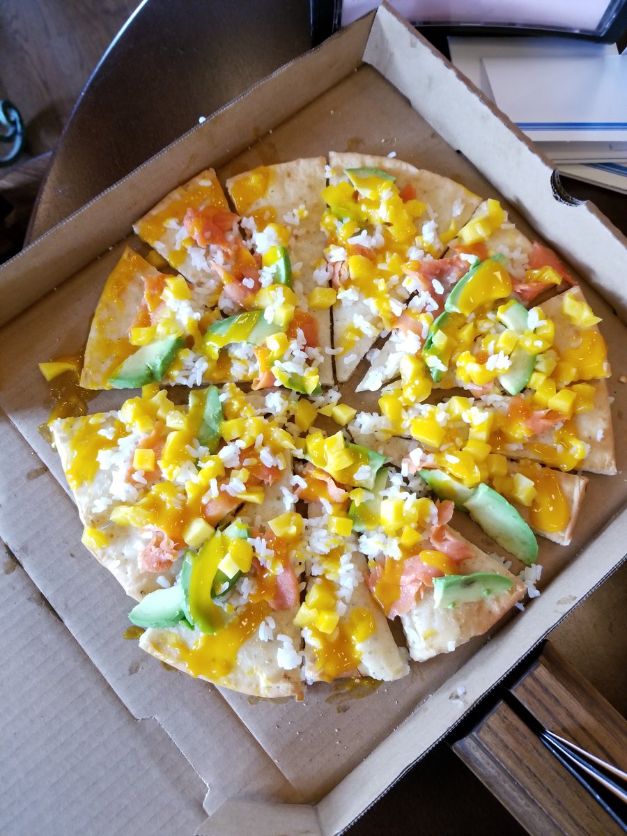 The Sushi Pizza from <a href="/avataratweets/">Avatara Pizza</a> was our 2nd sample today for the  @yycpizzaweek 2018 #sneakpeak! Think sushi rice, wild smoked salmon, avocado, mango &amp; a chutney sauce! 🍕🍣 #yycpizzaweek #yycpizza #sushi