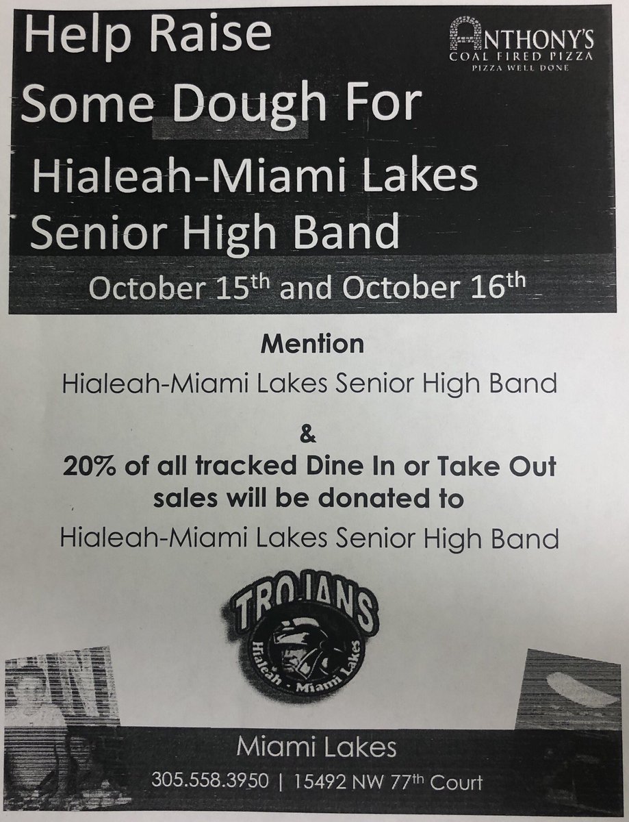Trojan Nation come out &amp; support our Band <a href="/AnthonysCFPizza/">Anthony's Coal Fired Pizza & Wings</a> in <a href="/MiamiLakesNews/">Miami Lakes, FL</a> on Oct 15 &amp; 16  Mention HML Band when paying #WeAreHML @HMLActivities @HMLYearbook2019 <a href="/news_hml/">HML News</a> @hmlclassof2020 <a href="/hmldigitalmedia/">HML Digital Media</a> <a href="/hmlclassof2019/">HML SENIORS</a> <a href="/lisagarcia_lisa/">Lisa Garcia 🏳️‍🌈🇺🇦🟦🇭🇹</a>