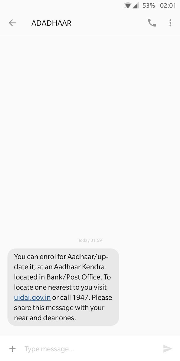 ragini_gehani's tweet photo. .@UIDAI @ceo_uidai @airtelindia why am I getting an SMS at 1:59 am to enrol for #Aadhaar!? What is this new found urgency that can only be resolved at 2am!?
#AadhaarInNews #aadhaarfaqs #Maharashtra https://t.co/TEowrRz5xe