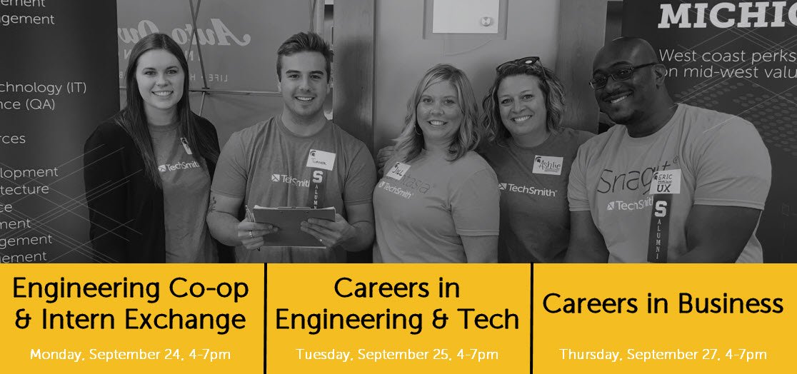 TechSmith's tweet photo. Find our recruiting team at the @michiganstateu Fall Career Days next week! 

Learn more about our open intern and full-time positions in Customer Engagement, HR, IT, Marketing, Sales, and Software Development: https://t.co/Tg7cHSoT51 #TeamTechSmith https://t.co/U0mhPNzgcZ