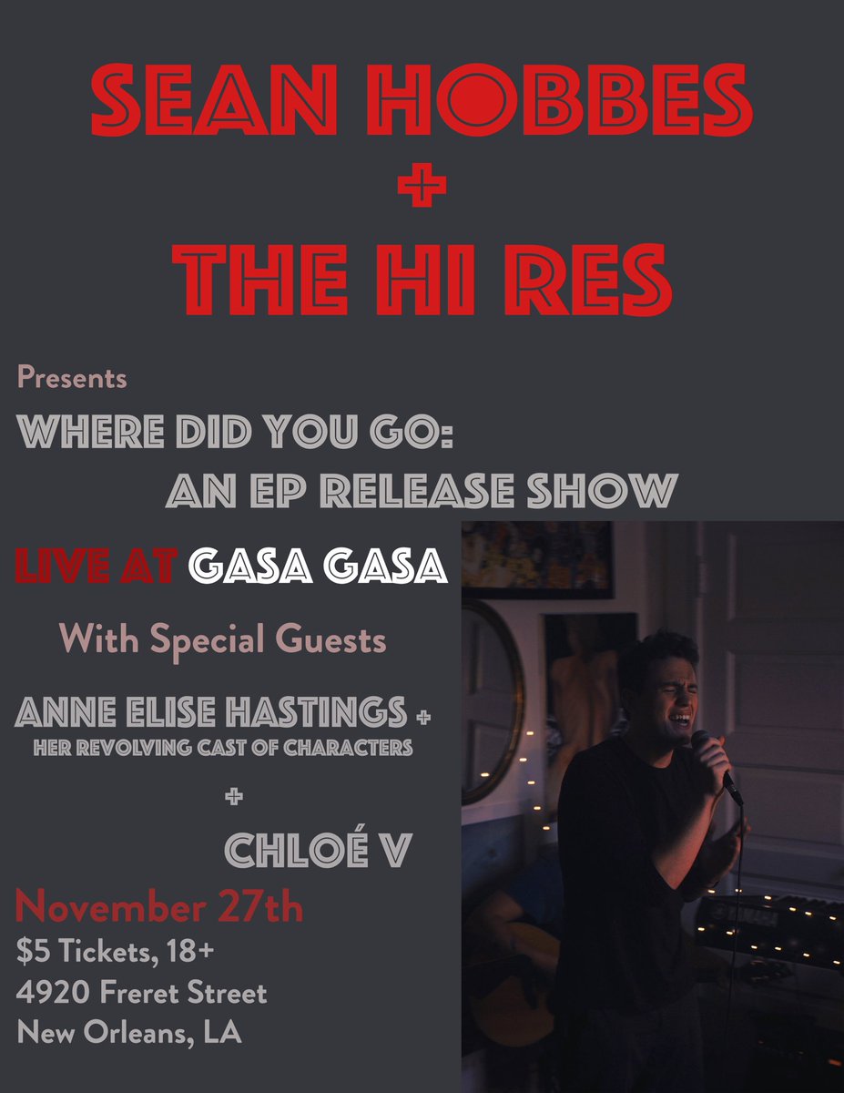SeanHobbesMusic's tweet photo. NEW SHOWS! Come out an support. We’ll be bringing new music and friends with us to @Howlinwolfnola and @GasaGasaNOLA! https://t.co/Rp2xA1pxB2