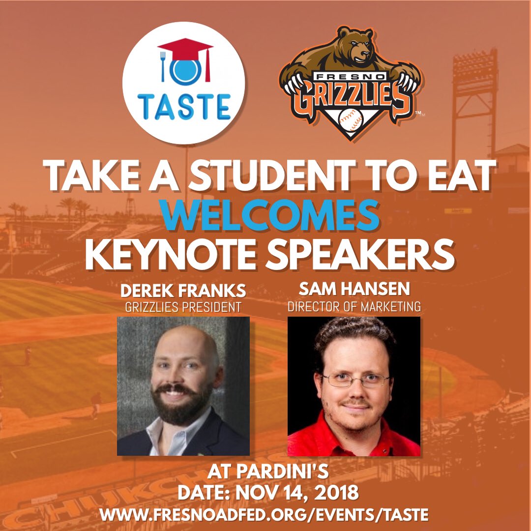 FSMCJDept's tweet image. TASTE 2018 welcomes keynote speakers Derek Franks and Sam Hansen of the @FresnoGrizzlies! Reserve your spot now to listen to how they put Fresno on the map and transformed the Grizzlies organization. Registration ends October 4th! 🙌🏻 #FSTaste2018 #HowWeMCJ