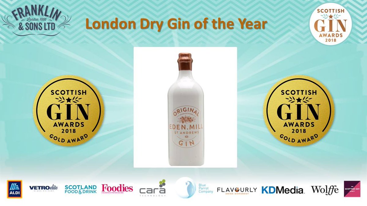 ScotGinAwards's tweet photo. The GOLD MEDAL for London Dry Gin of the Year sponsored by @franklinandsons goes to Eden Mill Original Gin @EdenMill #scottishgin #ginawards18 #scotginawards18 https://t.co/K41QYrofqe