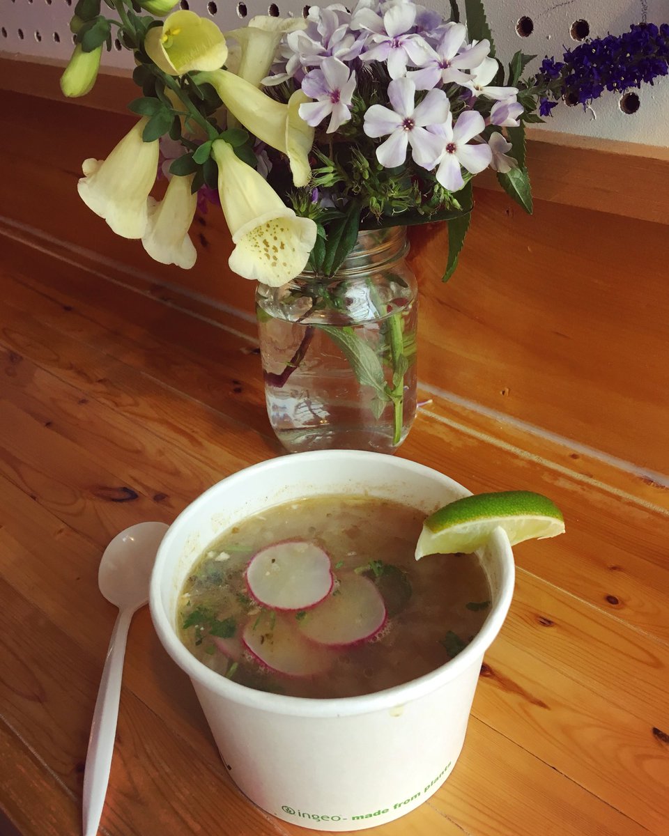 Brightening up this cloudy day with fresh-cut flowers and fresh-made pozole. This soup is made with a fragrant vegan broth, some gentle herbs and spices, fresh oregano, chewy hominy, and sliced radish, lime and salsa verde to garnish. Just $7.