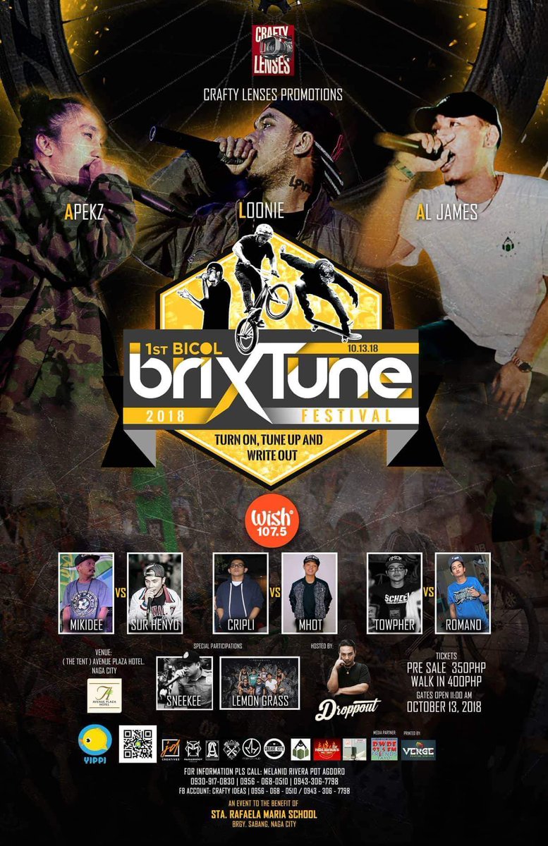 13thstreetco_'s tweet photo. See Loonie, Al James, Apekz and many more at the 1st Bicol Brixtune Festival on October 13, 2018 at The Tent, Avenue Plaza Hotel! Tickets? Hit us a mesaage!
We'll drop some merch at the venue. See ya!
SKATE, BMX, & HIPHOP all day!
#brixtune2018 #13thstreetco #nagacityph https://t.co/m6iXDwLeSx