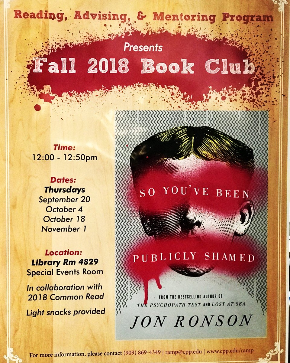 cppramp's tweet image. Our Fall 2018 book club has commenced! We’re reading “So You’ve Been Publicly Shamed” by @jonronson. Today, we discussed the history of public shaming &amp;amp; its modern day social media equivalent. We’re reading to p 109 for our next meeting. See you there! #CPPRAMP #trioprogram
