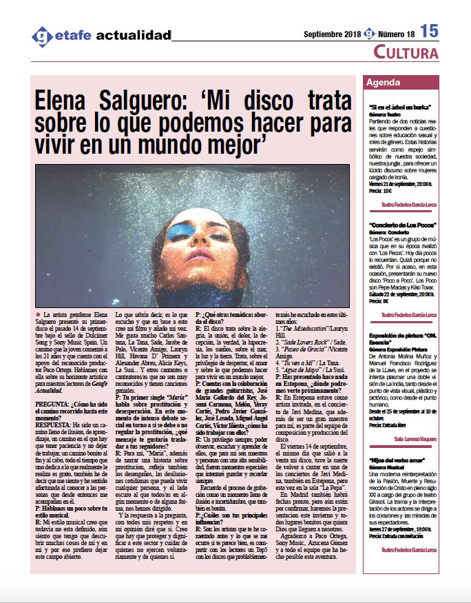 <a href="/Elena__Salguero/">ELENA SALGUERO</a>.La prensa de su ciudad,Getafe,le dedican  páginas enteras. Nuevo disco ya disponible "Elena Salguero". <a href="/yosoycomunica/">Yo soy comunicación</a>  <a href="/ElenaSalgueroJ/">Elena Salguero</a> @epde #elenasalguero #maria #getafe #getafeño #getafeña #video #nuevodisco #musica #flamenco #pop #guitarristasflamencos