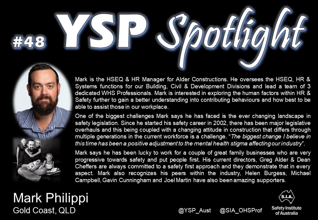 safeexpectation's tweet image. In the #yspspotlight today is.... Mark Philippi (Profile 48)
Mark talks about his challenges and recognises his industry peers for their support. @YSP_Aust @SIA_OHSProf #aw2aw
Put yourself in the spotlight by emailing me at: yspinfo@sia.org.au