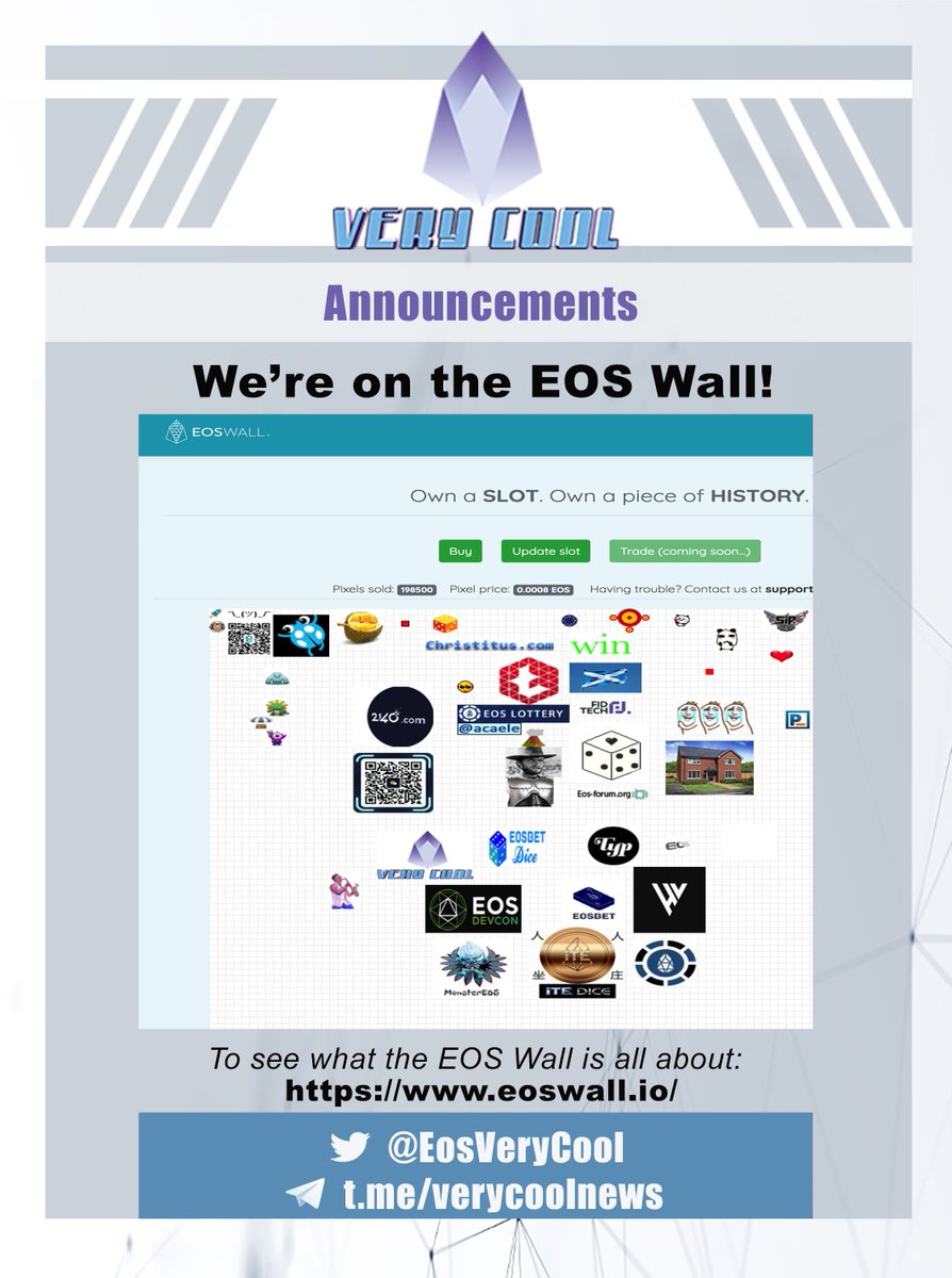 EosVeryCool's tweet image. We're on the EOS Wall! Go check out our spot on eoswall.io. @trybe_social explains what it is perfectly on trybe.one/eos-wall/. @EOSDevCon @eosforumorg @HireVibes @MonsterEos @eosinsider_io @crypto_iwad @Get_Scatter #EOS #dapp