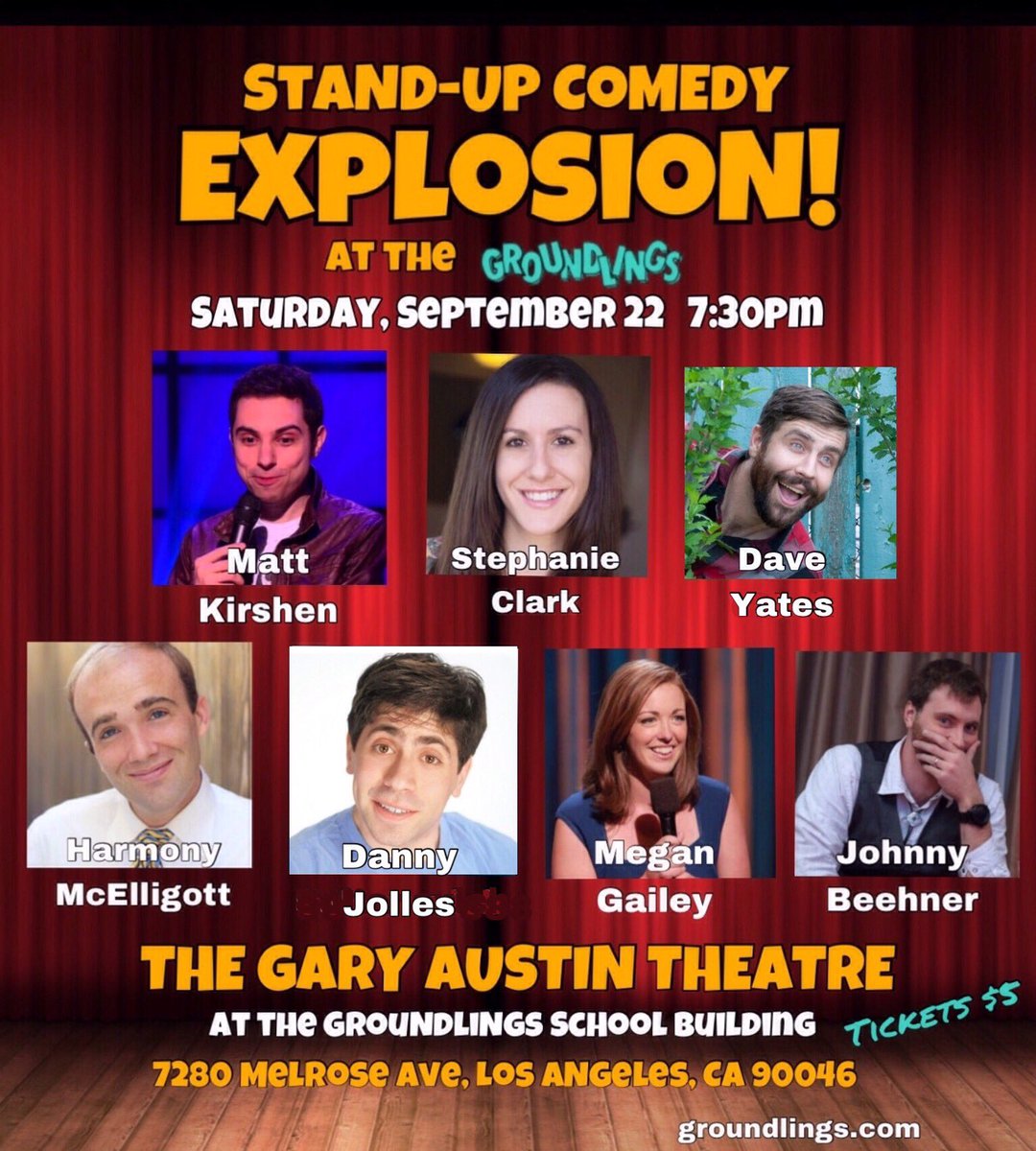 Saturday!  <a href="/groundlings/">The Groundlings</a> @megangailey <a href="/DannyJolles/">Danny Jolles</a> <a href="/johnnycomic/">Johnny Beehner</a> <a href="/mattkirshen/">Matt Kirshen</a> <a href="/YatesComedy/">Dave Yates</a> @ElligottHarmony #standup #comedy