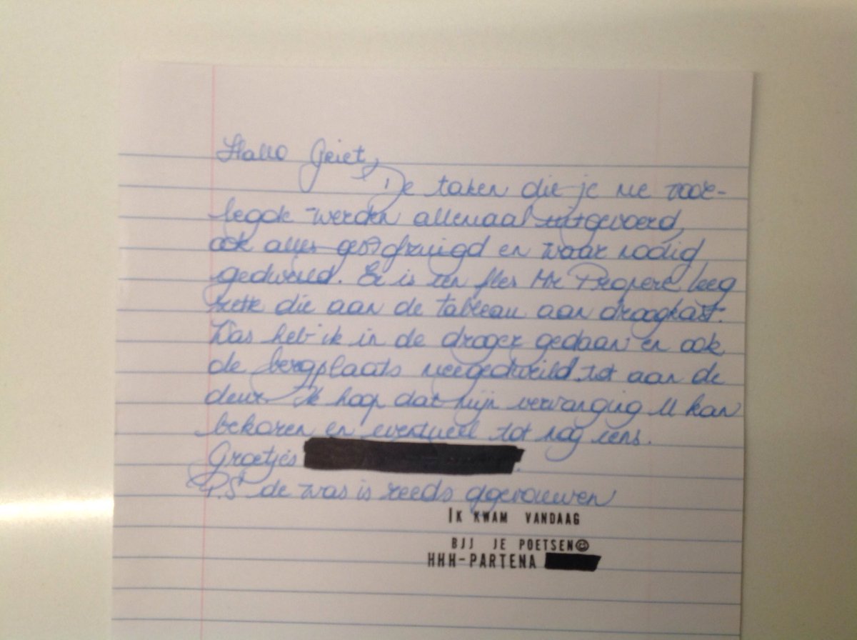 FilipStandaert's tweet photo. Als je thuiskomt en je vindt onderstaande boodschap van je ⁦@Partena⁩-poetshulp, dan kan je avond niet meer stuk. Een kanjer ... ⁦@PKeisse⁩ #dienstencheques https://t.co/1LZscvOurJ
