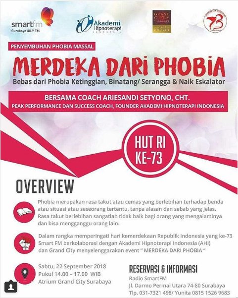 GrandCitySBY's tweet photo. Punya Phobia dan bingung cara mengatasinya, yuk datang ke seminar “Merdeka dari Phobia” tgl 22 September 2018 di Atrium @GrandCitySBY 😁 #mygrandcity #promo #shopping #MerdekaDari Pobia #specialevent #Surabaya #UpdateEvent #September https://t.co/p6fyIMKj3q