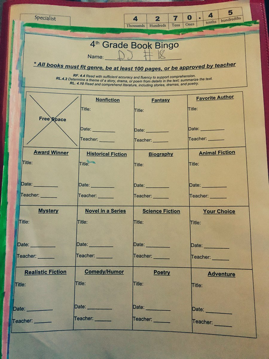 I am loving My son, DJ’s, 4th grade teacher! Book Bingo encourages students to try different genres and get out of their comfort zone. #moreofthis <a href="/evergreenps/">Evergreen PS</a>