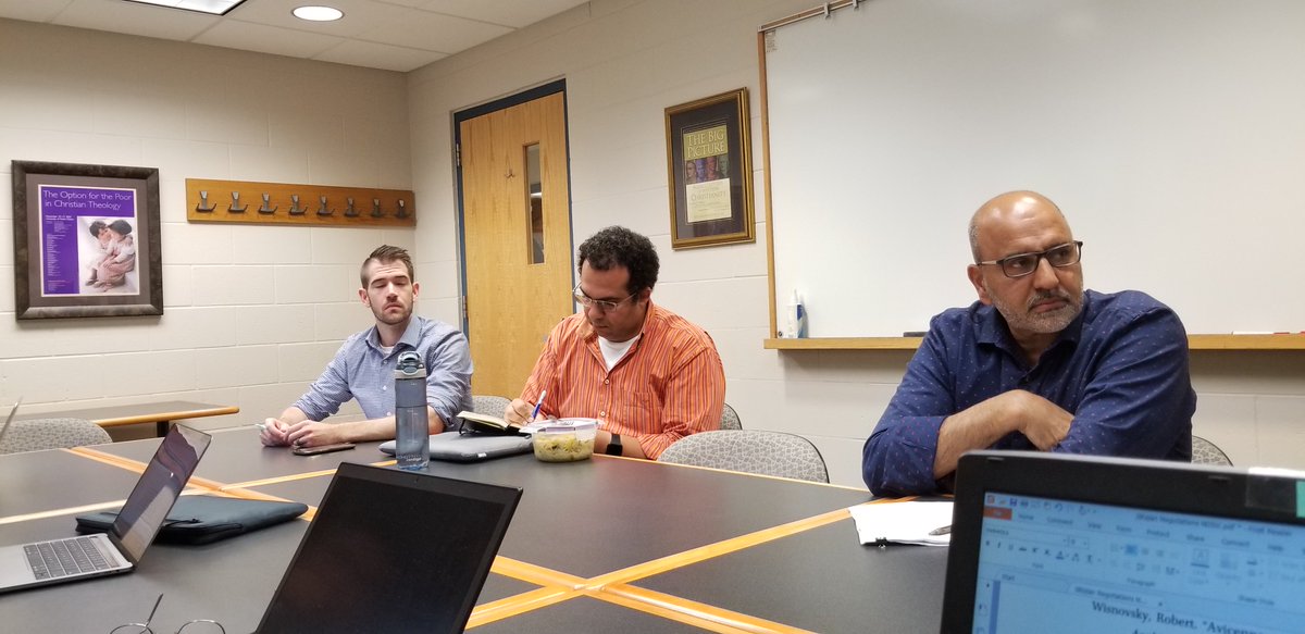 ndislamic's tweet photo. 1st ND Islamic Studies meeting of Fall 2018. It started strong! Prof. Hussein Abdulsater presented on "Jāḥiẓian Negotiations: The Image of the Rāfiḍa in al-Jāḥiẓ’s Corpus" @AndrewOco @EbrahimMoosa @MunimSirry @MahameruLee @GabrielSaidR https://t.co/bjwtLwFOiN