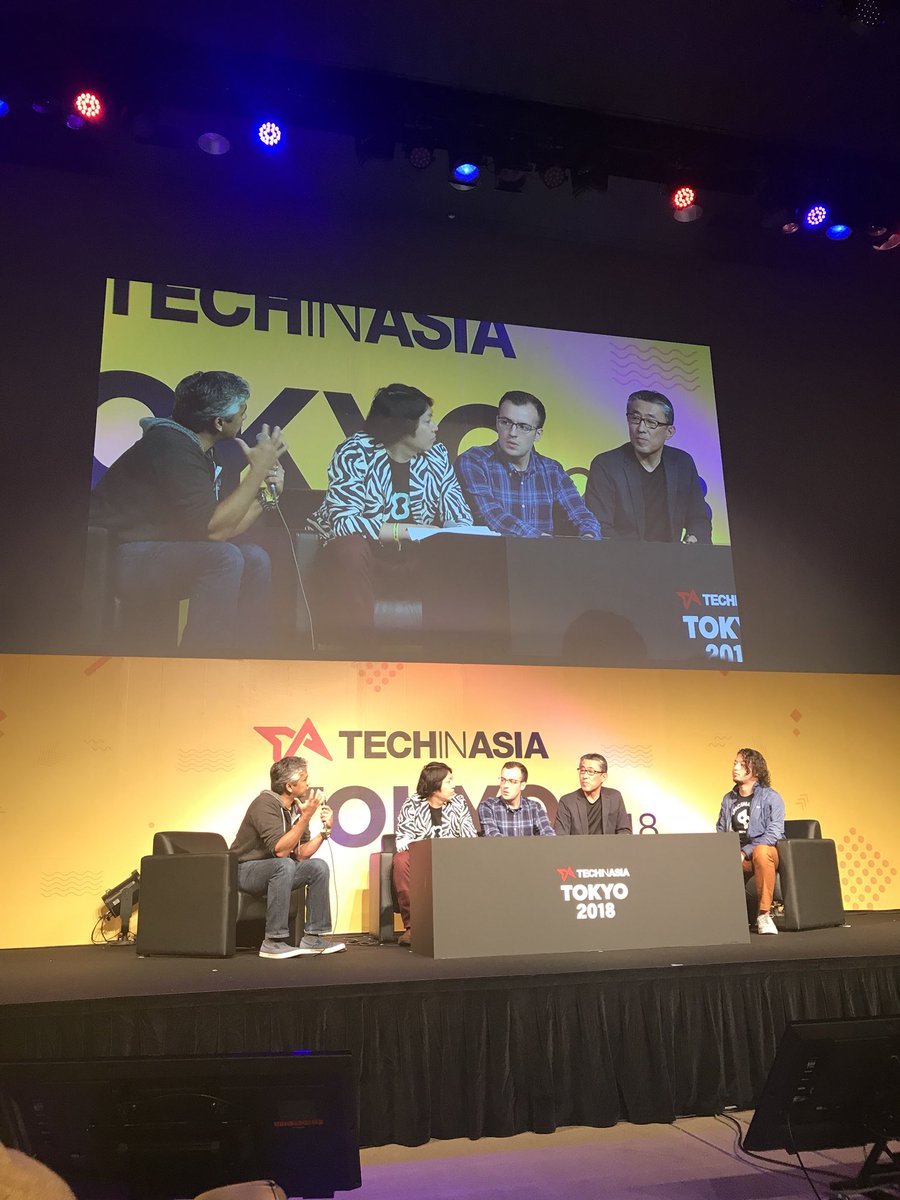 yanarchy's tweet photo. .@munidk leading the panel about the state of developers in Japan at @techinasia with Shinichiro Isago from @LINEjp_official, Daniel Heffernan from @StripeJapan, Yasufumi Hiram from @RakutenJP and Daishi Kakinoki from @spacemarketjp #TechInAsia18 https://t.co/1mpWoffybI