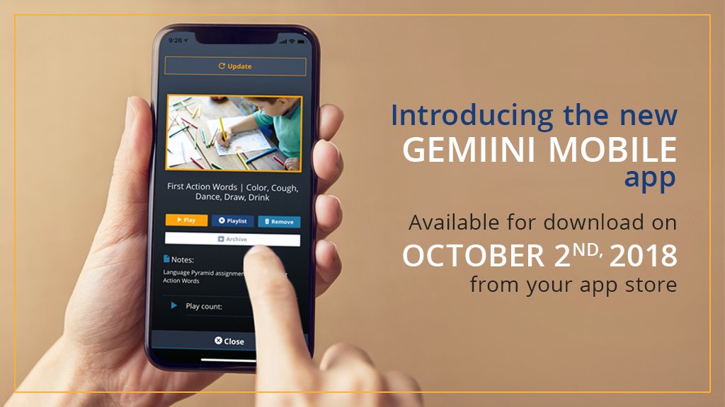 Gemiini's tweet photo. Gemiini Mobile will be available on October 2nd, 2018! 🚀 Sign up to receive updates about brand-new features that we'll be announcing soon! https://t.co/B5JhCBP4hN #gemiinimobile #gemiini #gemiiniprogram #discretevideomodeling #speechtherapy https://t.co/GUIHkxRV40