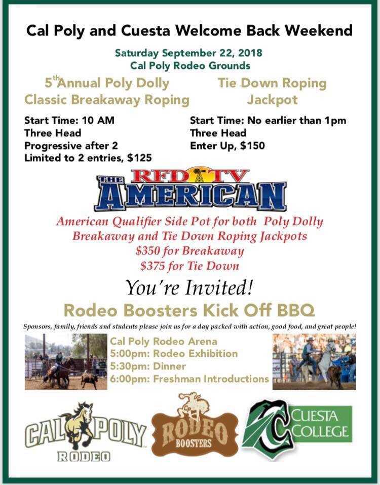 Polly Dolly Breakaway Jackpot and Calf Roping Jackpot! ~ 💵CASH ONLY ~ ~ First to enter, last to rope ~ ~ For stalls contact Tyree Cochrane @ (805) 503-9935 or tqcochra@calpoly.edu ~ Buckle for winner of Breakaway!