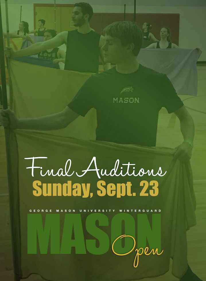 GMUWinterguard's tweet photo. Final auditions are this Sunday, September 23rd at The Hub on the campus of George Mason University from 9am to 5pm.
Bring a flag, pack a lunch, and get excited!
Auditioning for the first time? Register here:
https://t.co/9ho9ZJsufH
#itsMOtime #masonopen #choosemason https://t.co/8DnoaeZbB4