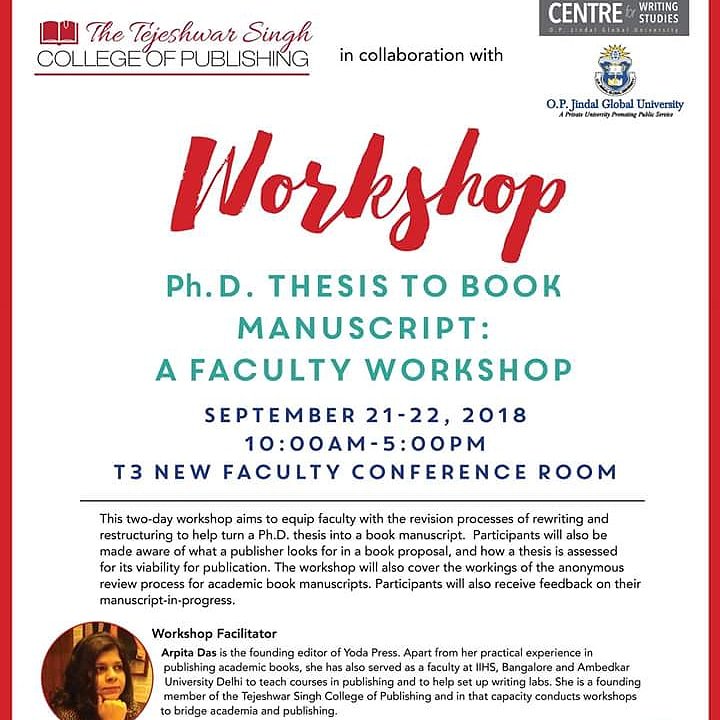 arpitayodapress's tweet photo. Leaving in a bit for @JindalGlobalUNI to do this for the next 2 days. So excited!
#TejeshwarSinghSchoolForPublishing #TSCP @SAGEPubIndia
#PhDThesisToBookManuscript #CuttingEdgePublishingPedagogy #AcademicWritingAndPublishing #PublishingWorkshops https://t.co/pa8FrTmSWI
