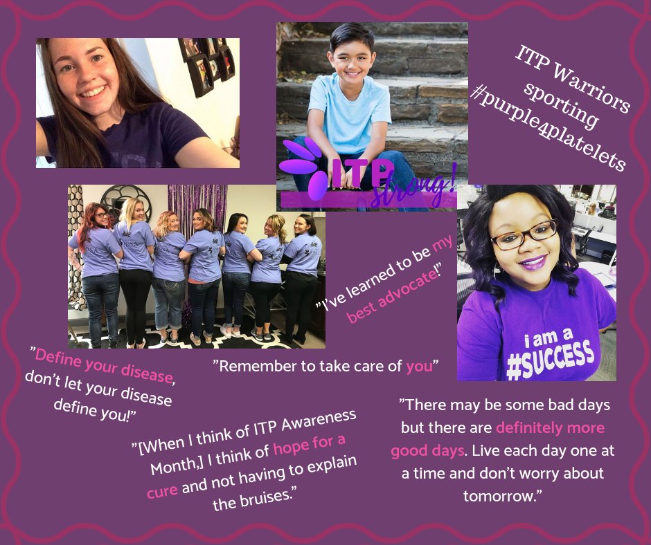 PDSA_ITP's tweet photo. Global ITP Awareness Week is quickly approaching! Check out what ITP Warriors are saying about their ITP journeys, and get ready to sport #purple4platelets on September 28th! Let's #beatITP! https://t.co/gxGINdrTZk