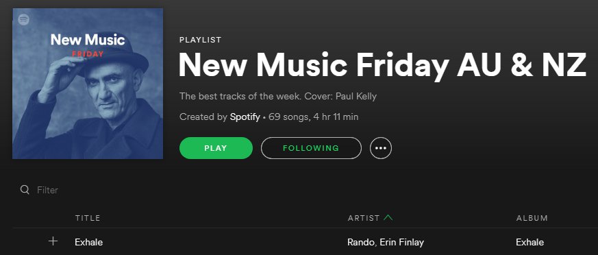 "Exhale" feat. Erin Finlay is out TODAY on all platforms &lt;3
Massive shoutout to <a href="/Spotify/">Spotify</a> for adding it to their New Music Friday playlist!

Link:
Rando.lnk.to/ExhaleTW