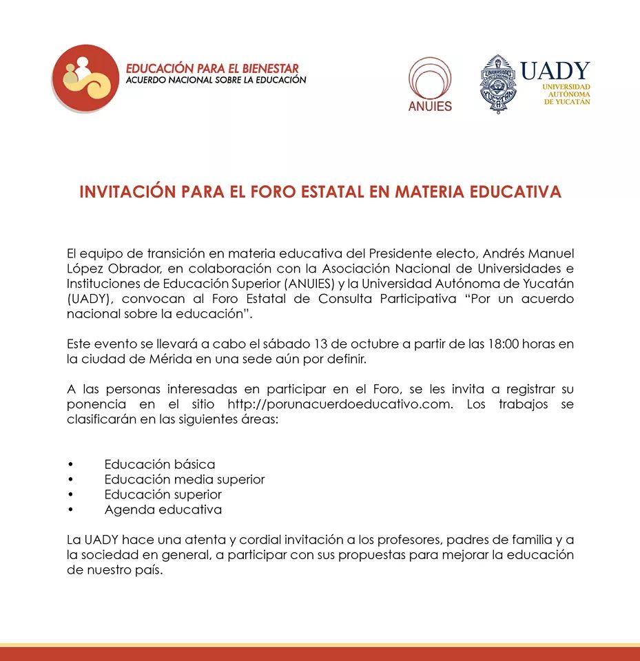 Alejandra6097's tweet photo. Les invitamos a participar en el #ForoEstatal de #ConsultaParticipativa “Por un acuerdo nacional sobre la #educacion ”, registrando su ponencia en el sitio https://t.co/Jfb3YiXlwC 

#ConsultasParaTenerVoz #EducacionDeCalidad #Yucatan #UADY https://t.co/t4jwGjJxND