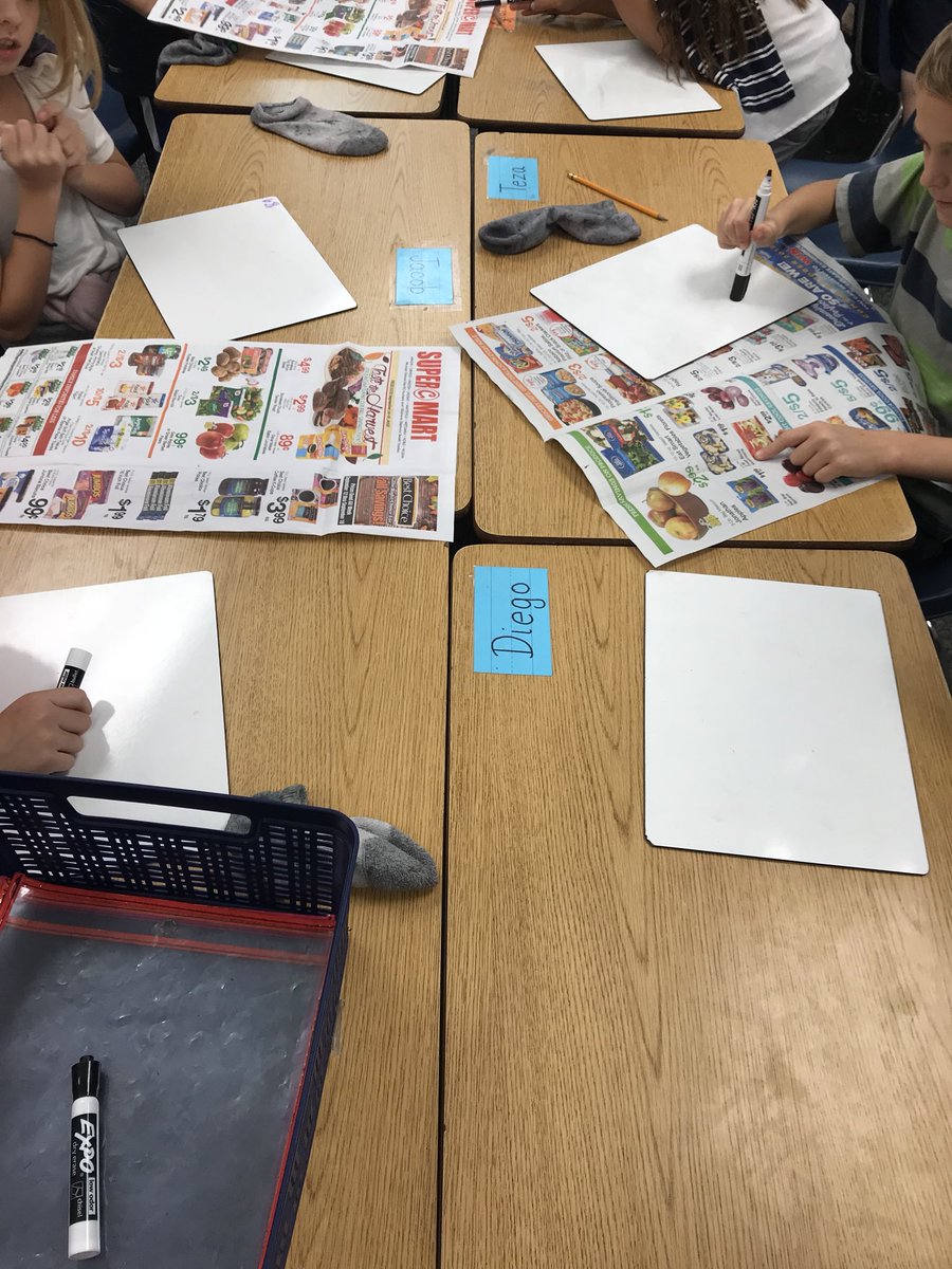 AWoodLovesMath's tweet photo. Mrs. Carpenter’s 5th grade students at Pioneer in Noble, OK solving real world multi-step problems! Use a sales ad to purchase ingredients to make a salad but only buy one of each ingredient and spend under $6! Student engagement! Perseverance! Math talk! #BigIdeasUsers https://t.co/6lS9GPQxsB