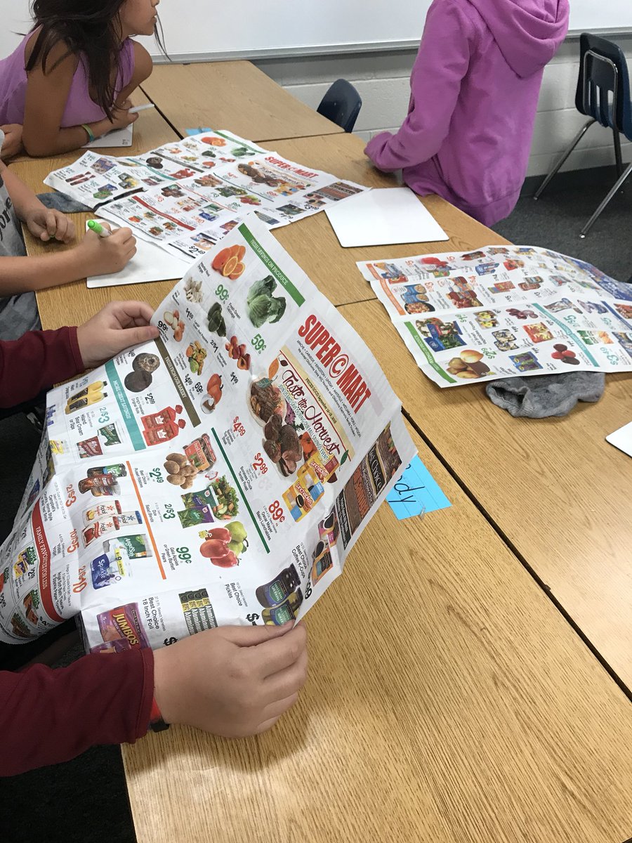 AWoodLovesMath's tweet photo. Mrs. Carpenter’s 5th grade students at Pioneer in Noble, OK solving real world multi-step problems! Use a sales ad to purchase ingredients to make a salad but only buy one of each ingredient and spend under $6! Student engagement! Perseverance! Math talk! #BigIdeasUsers https://t.co/6lS9GPQxsB