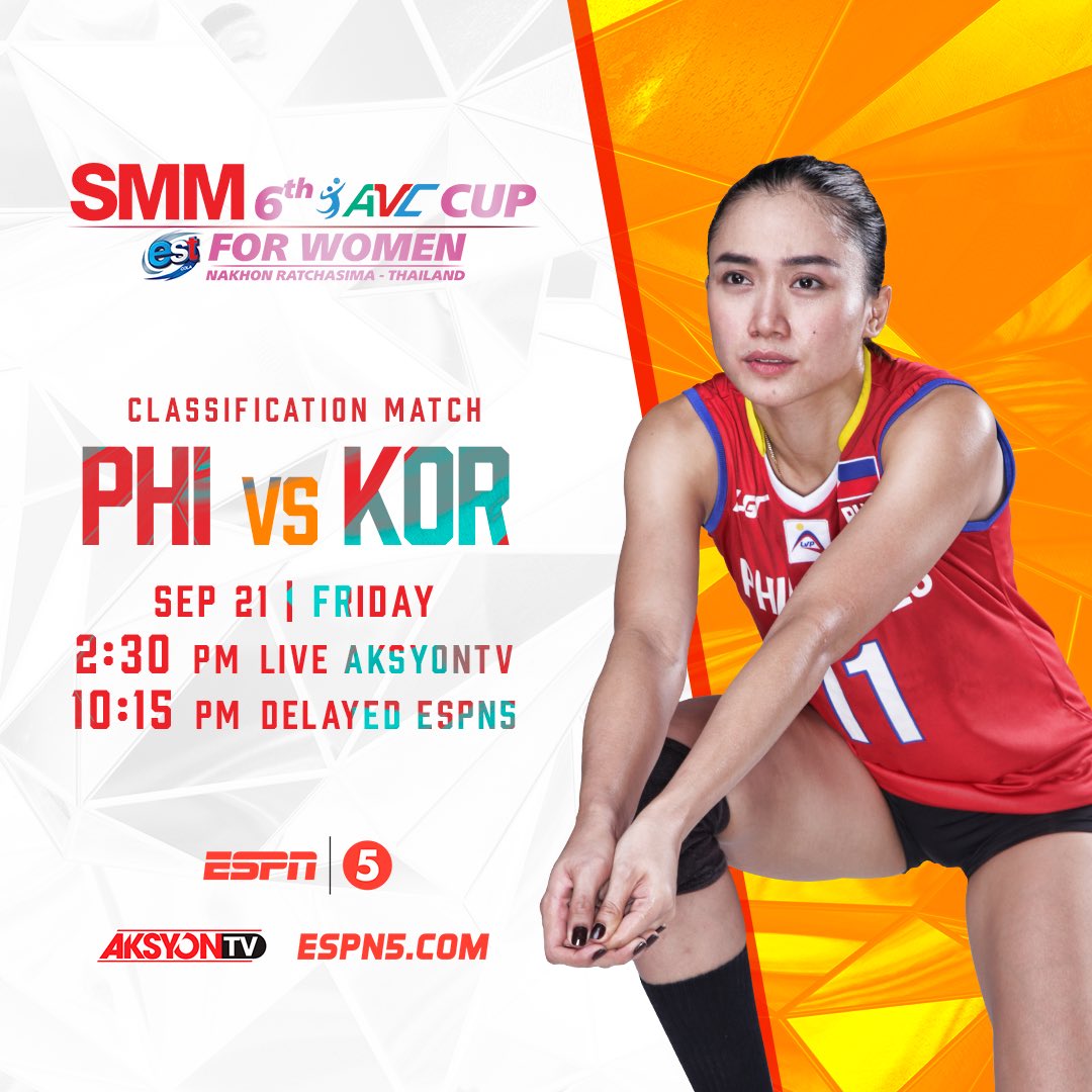OneSportsPHL's tweet photo. 6th AVC Cup for Women Classification Match: Philippines vs Korea | #LabanPilipinas #AVCCup2018

🗓 September 21
🕰 2:30 PM (LIVE)
📺 Aksyon TV
💻 https://t.co/TwrnQt7MmR

⏰ 10:15 PM (Delayed)
📺 @TV5manila https://t.co/AkGsmF2OUG