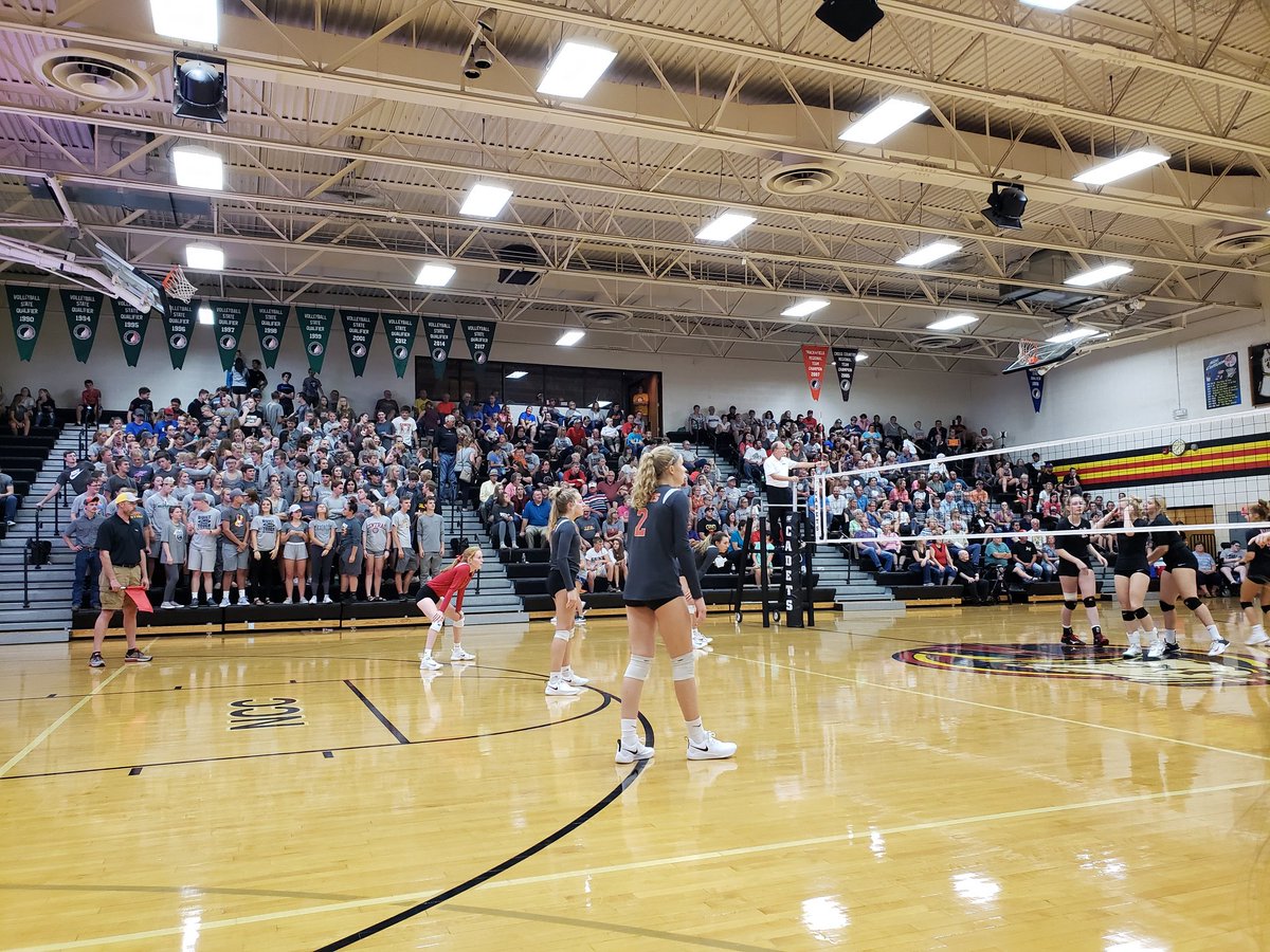 VolleyballIfa's tweet image. Do we just have the greatest fan support or what?!?! A full gym on a HOT September night!!! After the victory, the BEST student section in the state showing some love to their  Cadets!! #IFAHS #CadetNation @ifacadets365