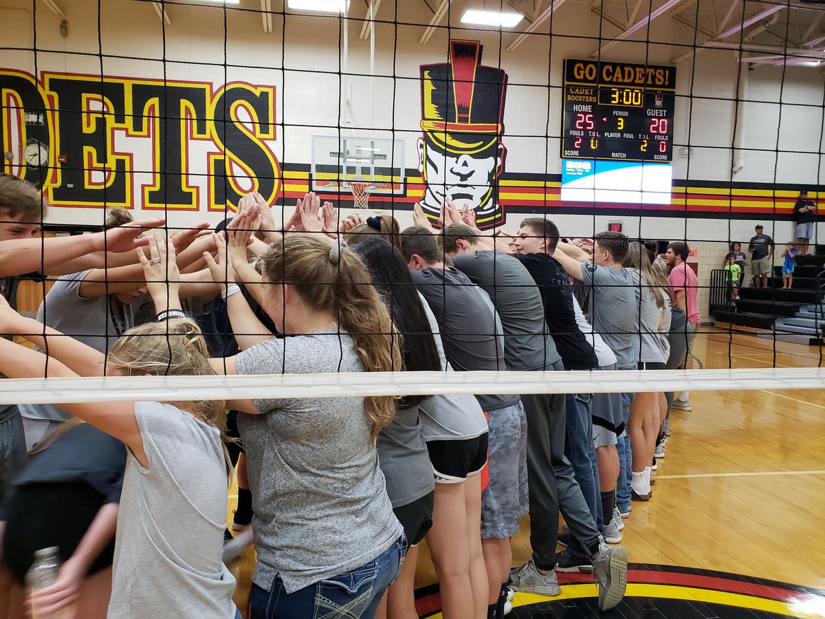 VolleyballIfa's tweet image. Do we just have the greatest fan support or what?!?! A full gym on a HOT September night!!! After the victory, the BEST student section in the state showing some love to their  Cadets!! #IFAHS #CadetNation @ifacadets365