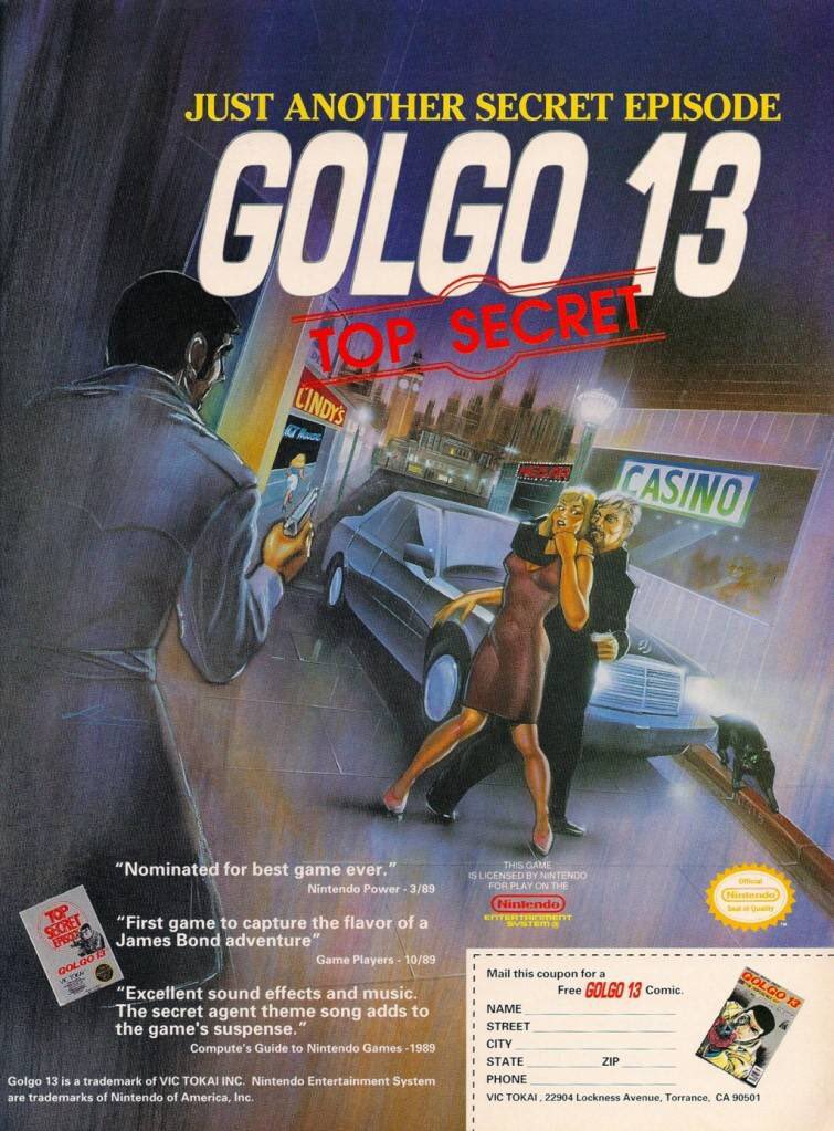 Let’s mix it up with a couple of cool ones from the two Golgo 13 NES games