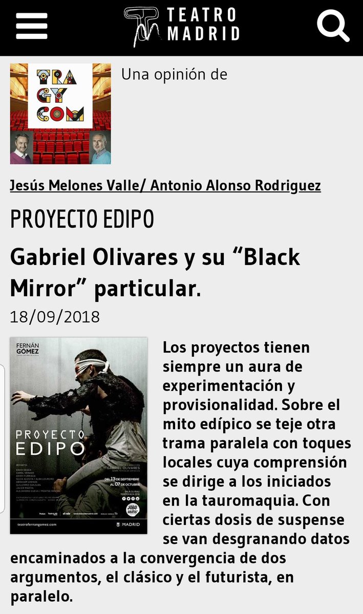 TRAGYCOM (@tragycom) on Twitter photo Y también desde <a href="/TeatroMAD/">Teatro Madrid</a> os recomendamos este #ProyectoEdipo de
<a href="/OlivaresGab/">Gabriel Olivares</a> <a href="/TeatroLabMadrid/">TeatroLab Madrid</a> Un monstruo gigantesco va engullendo al espectador que atisba, con mirada panorámica, el manjar artístico que se ofrece ante sus ojos.
<a href="/daviddegea/">David DeGea</a> <a href="/JaviMartin72/">Javier Martín</a> <a href="/fernangomezCCV/">Fernán Gómez CCV</a> Y también desde <a href="/TeatroMAD/">Teatro Madrid</a> os recomendamos este #ProyectoEdipo de
<a href="/OlivaresGab/">Gabriel Olivares</a> <a href="/TeatroLabMadrid/">TeatroLab Madrid</a> Un monstruo gigantesco va engullendo al espectador que atisba, con mirada panorámica, el manjar artístico que se ofrece ante sus ojos.
<a href="/daviddegea/">David DeGea</a> <a href="/JaviMartin72/">Javier Martín</a> <a href="/fernangomezCCV/">Fernán Gómez CCV</a>