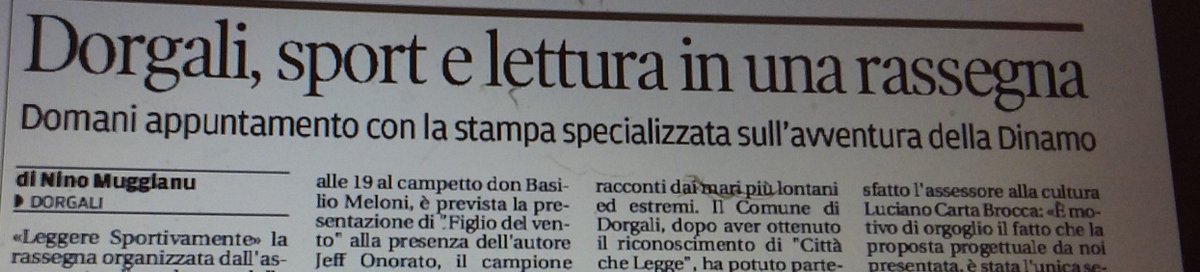 Oggi su <a href="/lanuovasardegna/">La Nuova Sardegna</a>  l'articolo su rassegna #Leggeresportivamente Appuntamenti domani alle 17  con #andreasini per il suo libro e quello di <a href="/GioDessole/">Giovanni Dessole</a>  sulla <a href="/dinamo_sassari/">Dinamo Sassari</a>  Segue alle 19 l'incontro con <a href="/gaetanomura/">gaetano mura</a>  e #JeffOnorato