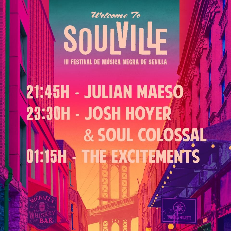 ATENCIÓN. Horarios de la tercera edición del #SoulvilleFestival que se celebra esta noche en el #CAAC, Actuaciones de <a href="/TheExcitements/">The Excitements</a> , <a href="/Josh_Hoyer/">Josh Hoyer & Soul Colossal</a> y <a href="/julimaeso/">Julián Maeso</a>. + info: bit.ly/2NuUwy9 #culturaSEV