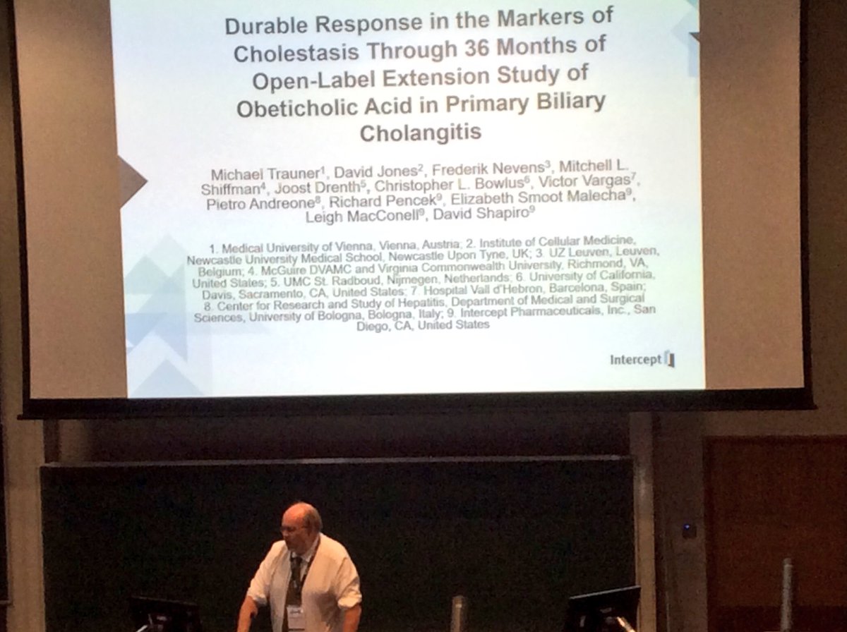 kmdrysdale's tweet photo. #BASL2018
@ProfDaveJones presenting long term data on #ObeticholicAcid (OCA) in #PBC
- Improves markers of cholestasis
- pruritus happens but is manageable
- no safety concerns with long term use in mild-moderate risk groupg
@PBCFoundation https://t.co/yBclfRMEHl