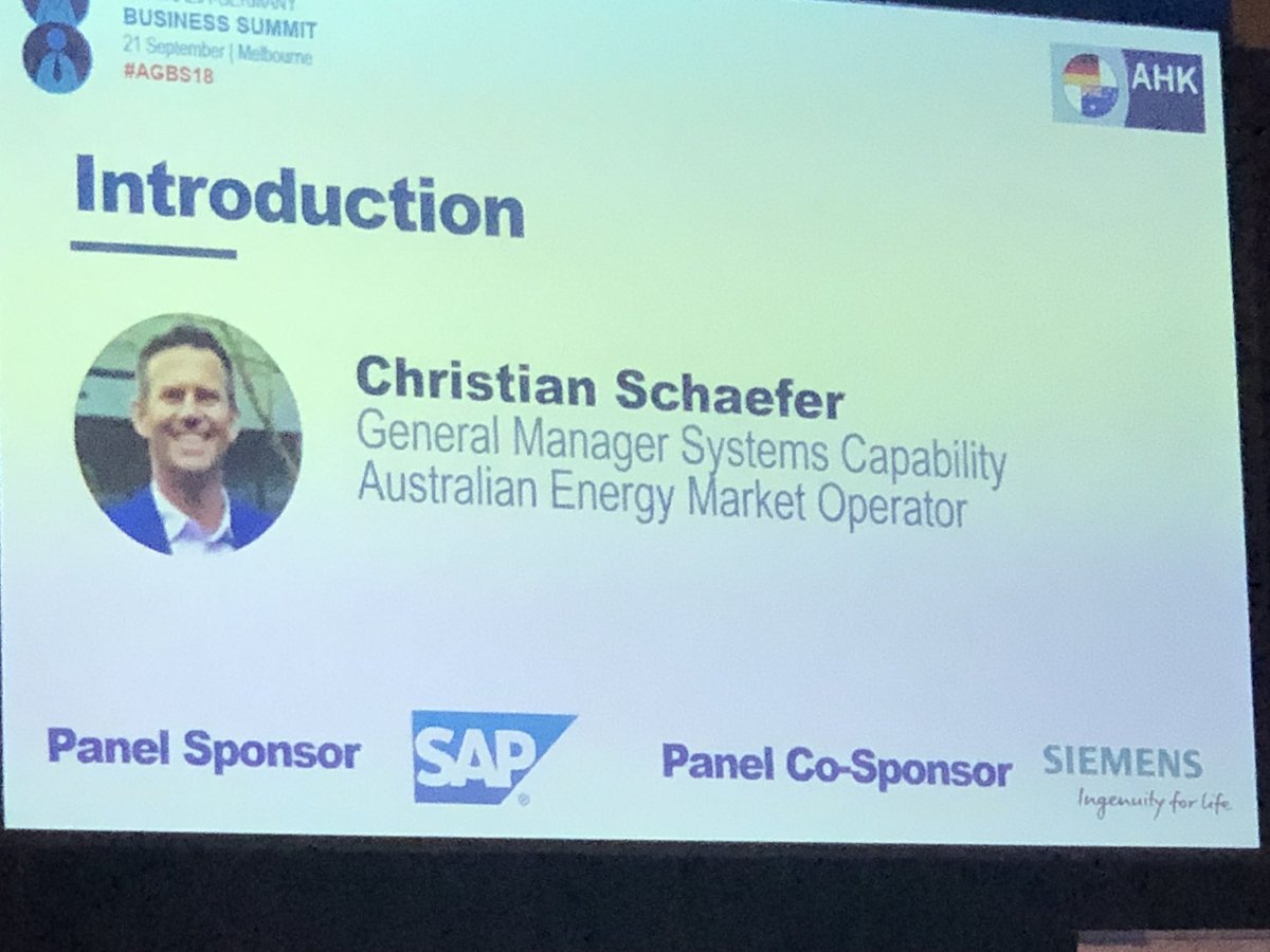 GermanChamberOz's tweet image. ,Energy is an essential service - we have to get that right!, Christian Schaefer, General Manager Systems Capability, Australian Energy Market Operator #AGBS18