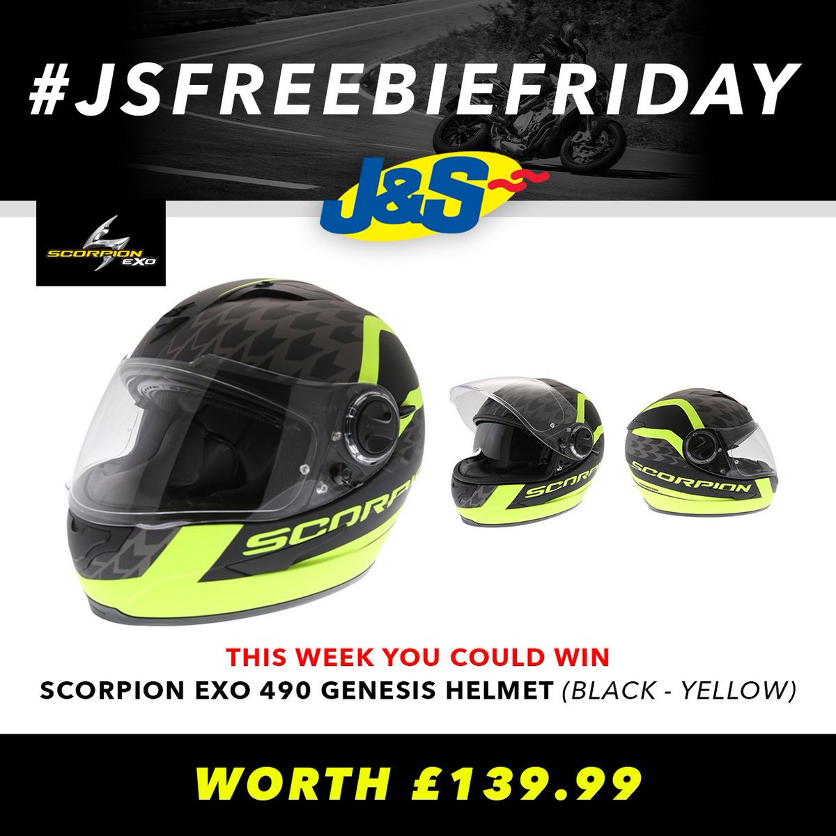 #JSFREEBIEFRIDAY Retweet this and follow us on Twitter for a chance to win a Scorpion EXO 490 Genesis Helmet worth £139.99. Ends Tues Sept 25th. You can also enter by signing up to our newsletter: ow.ly/ZJEk30iZs1U  AND on Facebook AND by subscribing to our YouTube channel!