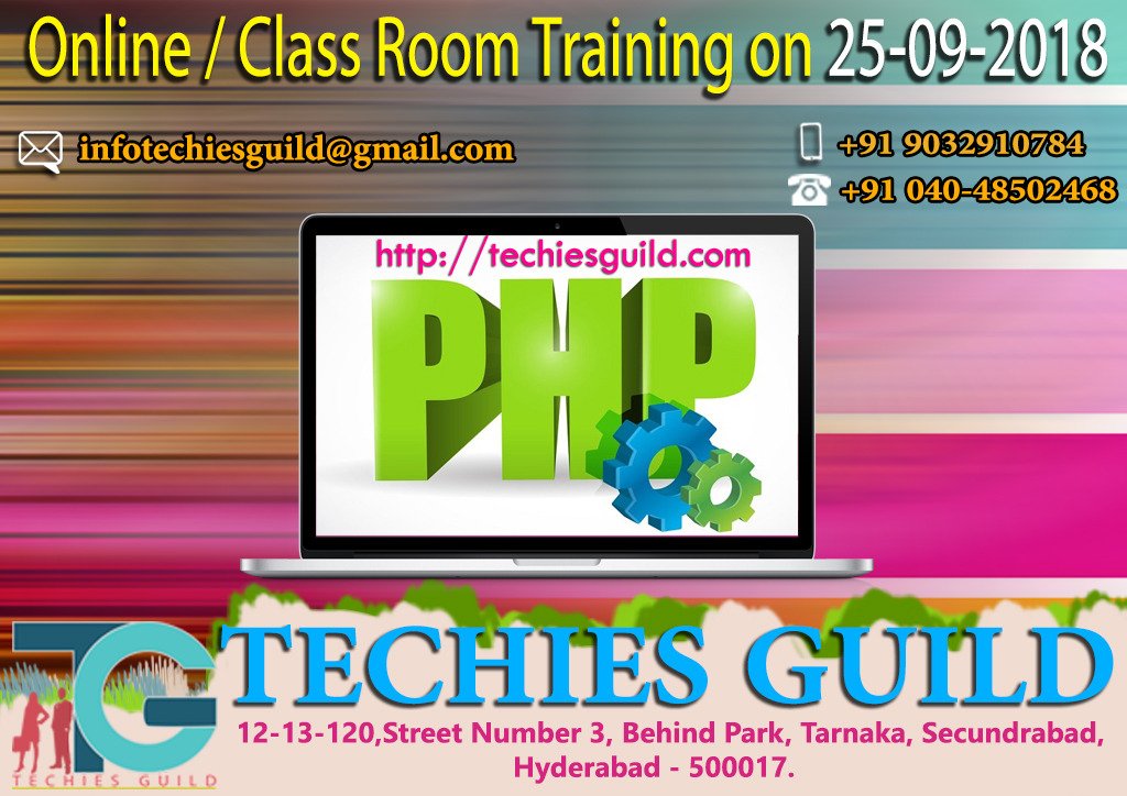 techiesguild1's tweet image. PHP Free Demo on September 25 Tuesday
Batch Type: Online/Class Room Training
Visit us at :techiesguild.com/web-technologi…
Email: infotechiesguild@gmail.com
Mobile: 9032910784
Phone:+91 040- 48502468