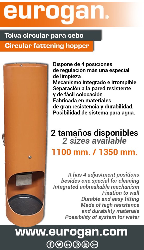 ✅ goo.gl/5x7E5u 🌐 eurogan@eurogan.com
#Tolva circular para #cebo. Posibilidad de sistema para agua.
Circular #fattening #hopper. Possibility of system for water.
#ganaderia #livestock #porcino #porcine #granja #farm #pig #eurogan