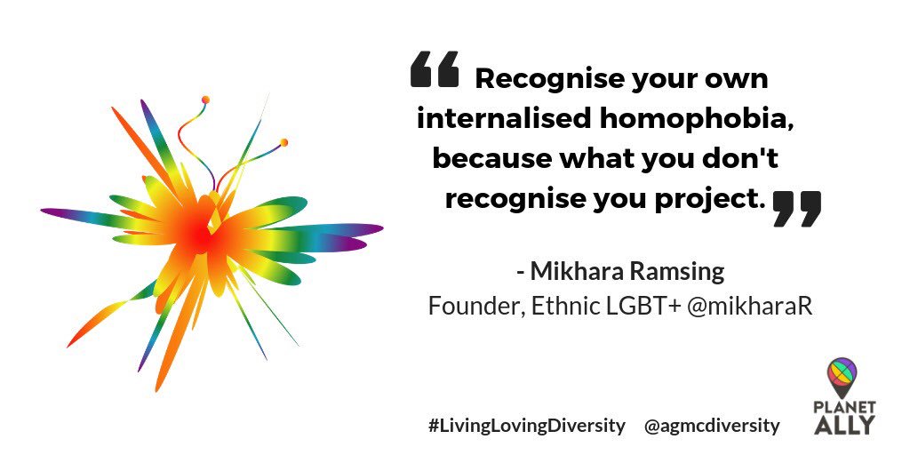 PlanetAllyApp's tweet photo. Recognise your own internalised homophobia, because what you don't recognise you project @mikharaR powerfully reflecting today @agmcdiversity #LivingLovingDiversity https://t.co/V7eaSx9uGw https://t.co/mvwYHxcMbO