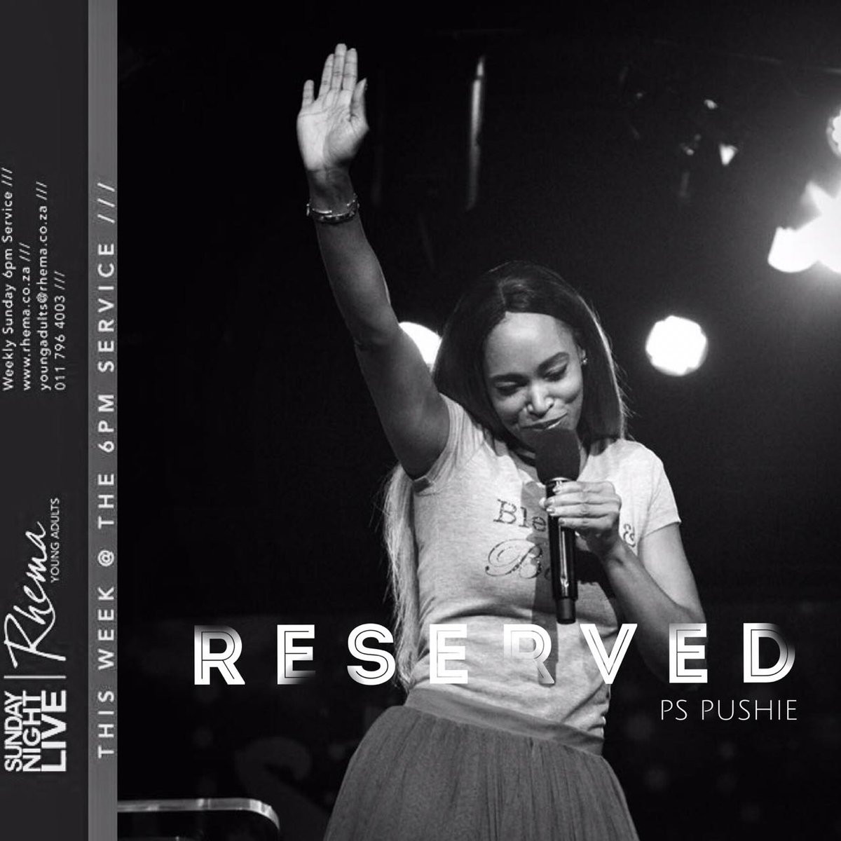 ROC_Wits's tweet photo. The beautiful Pastor Pushi is preaching this sunday at SNL. The message is "reserved". What has God reserved us for? What is God reserving for us? Come find out as she delivers a powerful message (as always). The bus leaves the amic deck at 5pm . Bring your friends! https://t.co/c8r4dx9Z07