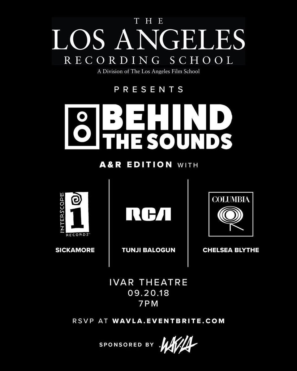 Jerome's tweet image. @LARecording presented Behind The Sounds: A&amp;amp;R Edition at Ivar Theatre with @Sickamore, A&amp;amp;R and Creative Director at @Interscope, @Tunji, Executive Vice President of A&amp;amp;R at @RCARecords, and @MissChelseaShay, A&amp;amp;R Executive at @ColumbiaRecords. Sponsored by WAV LA.