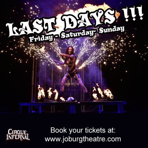 4 more shows to go!, you don't want to miss the Cirque Infernal in JOHANNESBURG. Book asap the few left seats availables. Joburg Theatre #joburg #gautend #southafrica We love you!