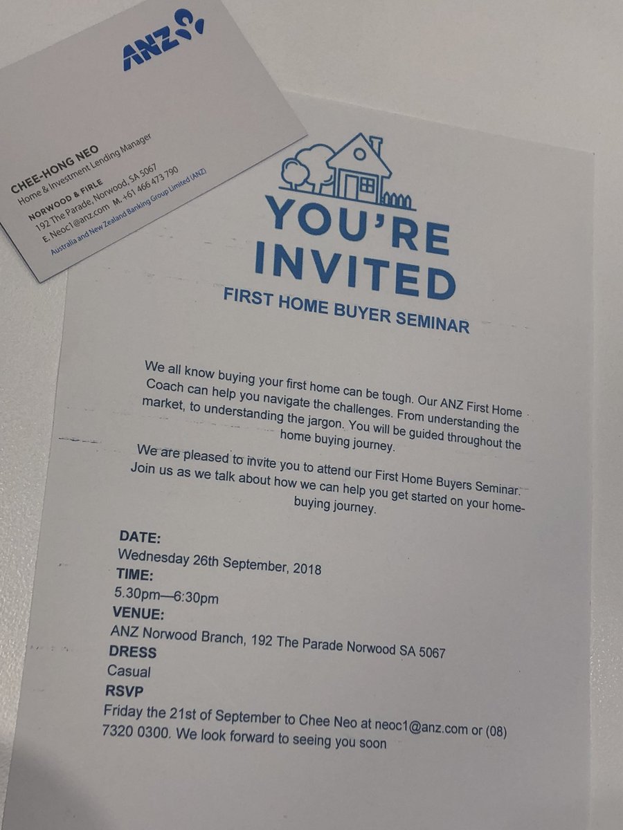 First Home Buyer Seminar at ANZ Norwood! Wednesday 26th of September! Register your interest today! Email: Neoc1@anz.com <a href="/LinaPolese/">Lina Polese</a> <a href="/claudepiscione1/">Claude Piscioneri</a>