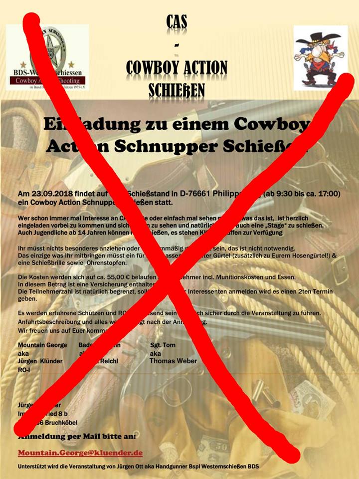 bdsnet_de's tweet photo. Bad News für alle Cowboys: Wegen einer Terminüberschneidung muss das für Sonntag geplante CAS-Schnupperschießen in Phlippsburg leider abgesagt werden: https://t.co/GyfsysNfZM https://t.co/hbWnavhllL