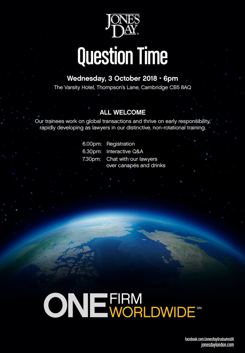 Register for an interactive panel Q&amp;A with Jones Day! Ask lawyers directly about their experiences working in this global law firm; training in the distinctive, non-rotational system; and mingle over drinks and canapés. Open to all Cambridge students.

eventbrite.com/e/jones-day-qu…